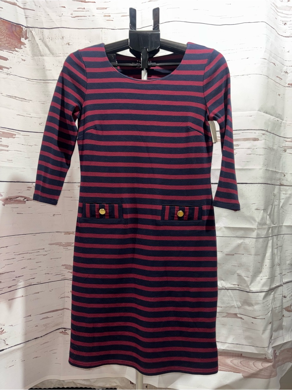 Talbots Navy and Wine Striped Long-Sleeve Sheath Dress Sz Small Petite NWT - Picture 6 of 7